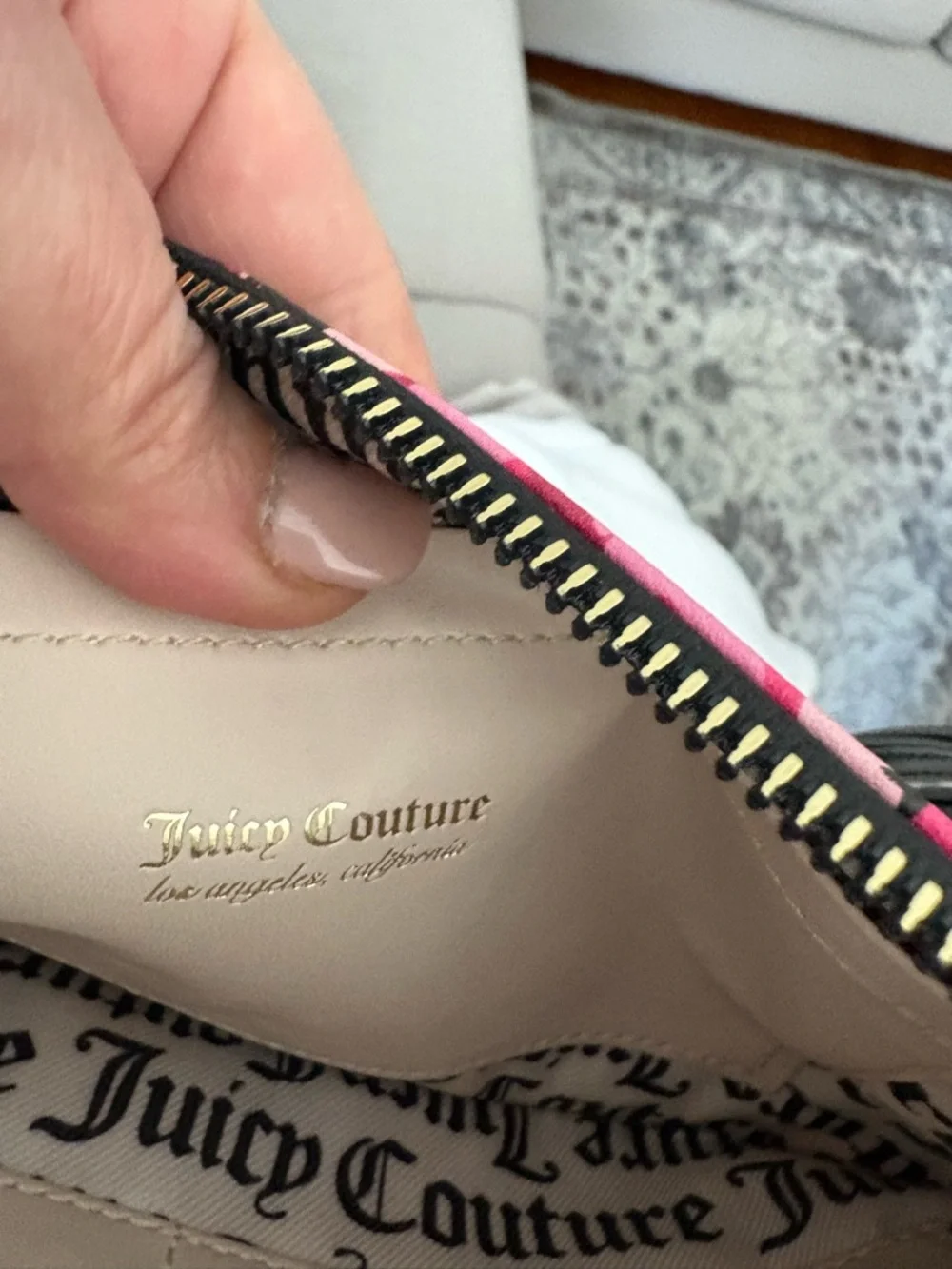 Juicy Couture Black Floral Wristlet Clutch with Pink Roses
